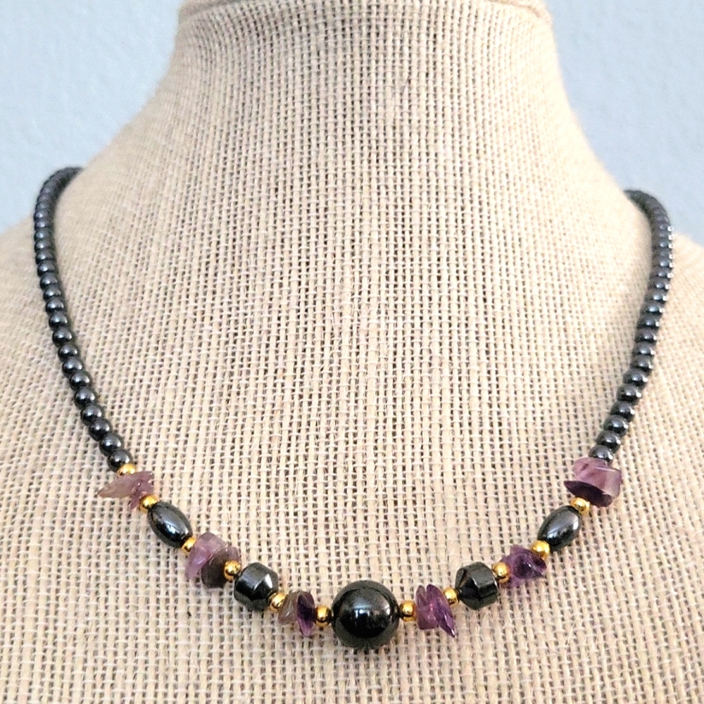Vintage Amethyst and Hematite Beaded Necklace